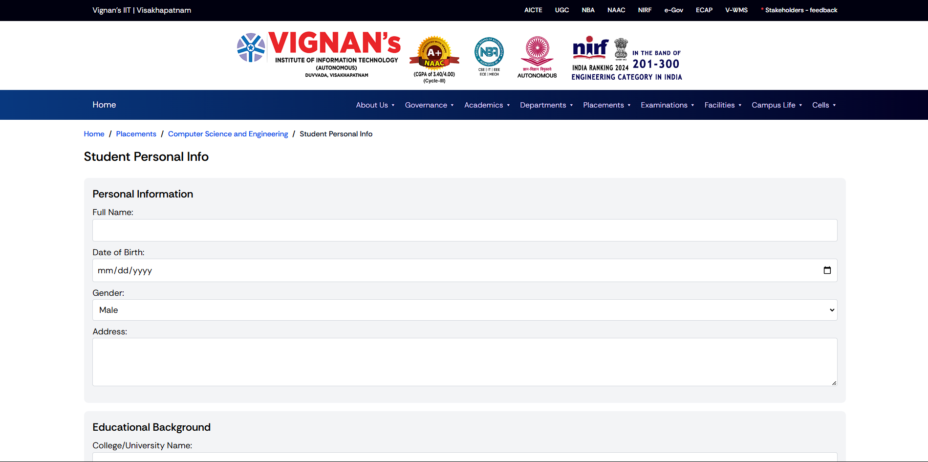 Student Personal Info Placement Staff Details Page
